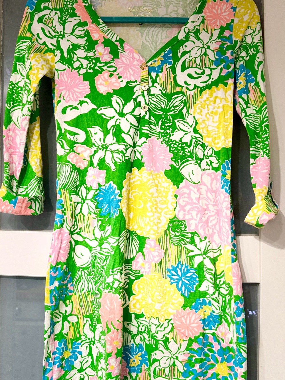 Lilly Pulitzer Green Floral V-Neck Jersey Dress with Pink, Yellow & Blue Accents
